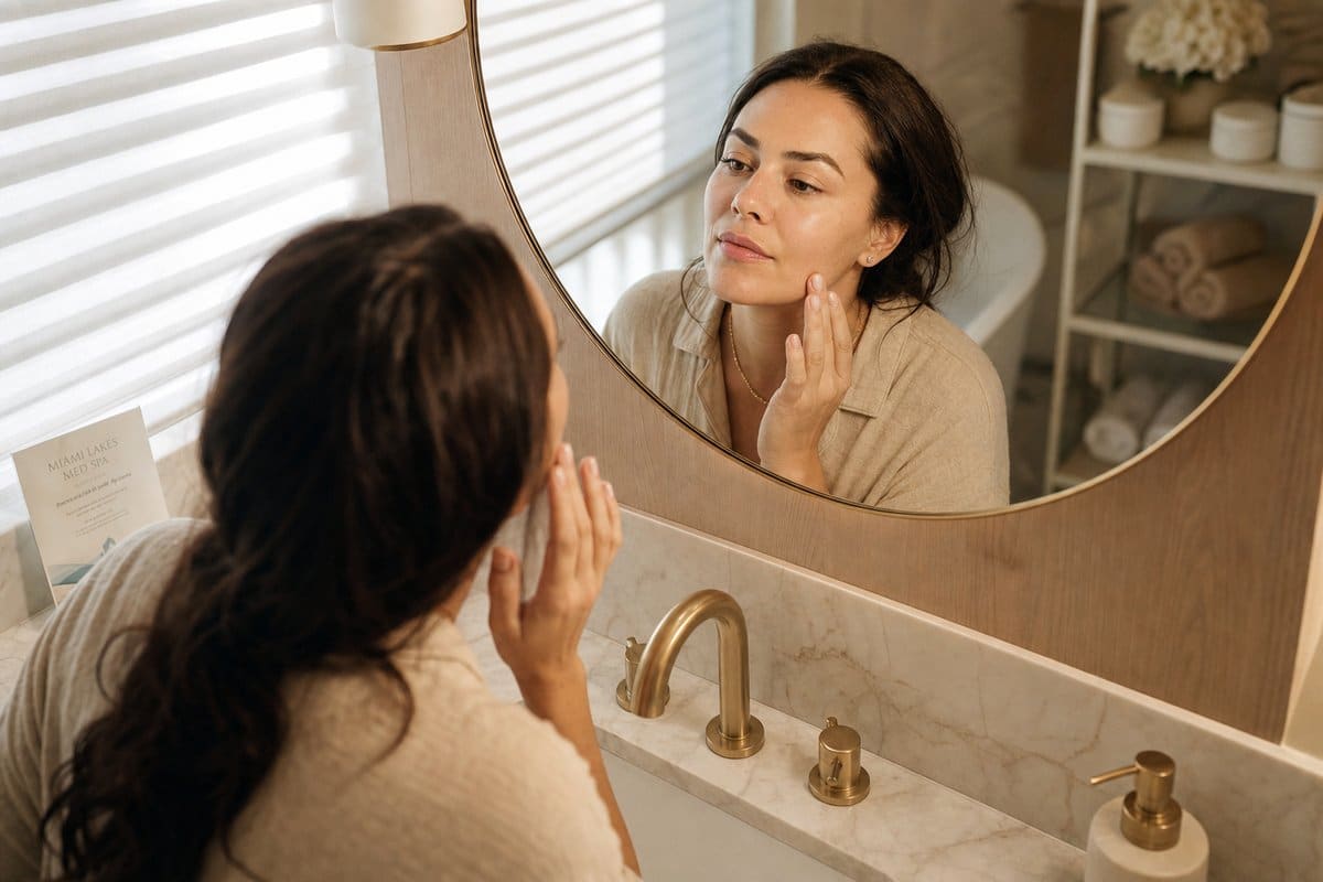 Woman in her late 30s touching her smooth, refined cheek and jawline skin in a bathroom mirror after microneedling at Miami Lakes Med Spa