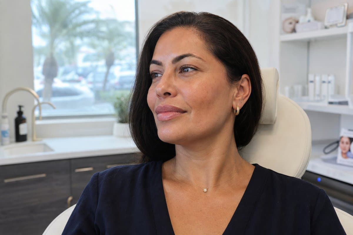 Close-up of a Latina woman's lips and cheeks showing natural dermal filler results
