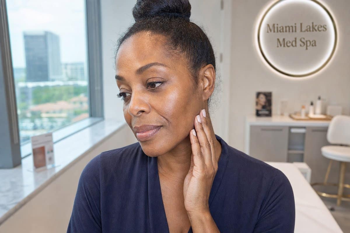 Woman with Fitzpatrick V skin showing smooth, even-toned cheek and jawline after Morpheus8 treatment for skin of color