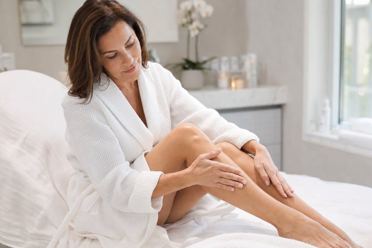 Close-up of a woman's smooth hair-free leg showing results from a 6-session laser hair removal treatment plan