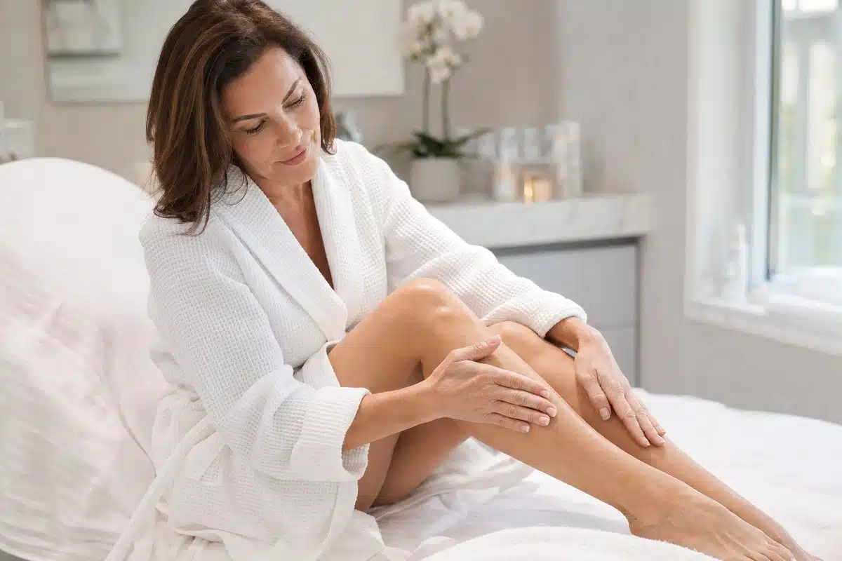 Close-up of a woman's smooth hair-free leg showing results from a 6-session laser hair removal treatment plan