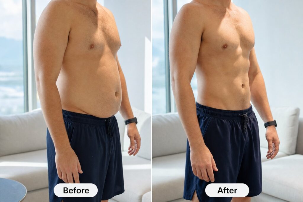 Before and after split image showing male midsection weight management results at Miami Lakes Med Spa