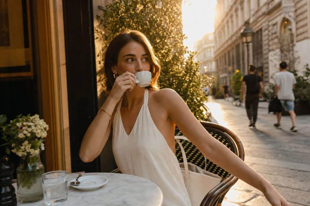 Woman with smooth hair-free skin enjoying coffee at a Miami Lakes café after Candela GentleMax Pro Plus laser hair removal