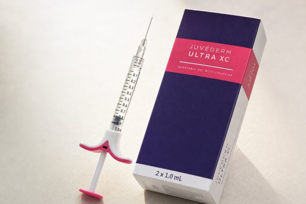 Dermal filler syringe and product vial arranged on a linen surface at Miami Lakes Med Spa