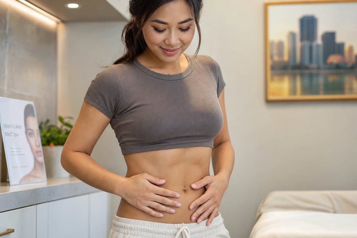 Close-up of a woman's toned, slimmer midsection showing weight loss results after GLP-1 therapy with semaglutide or tirzepatide