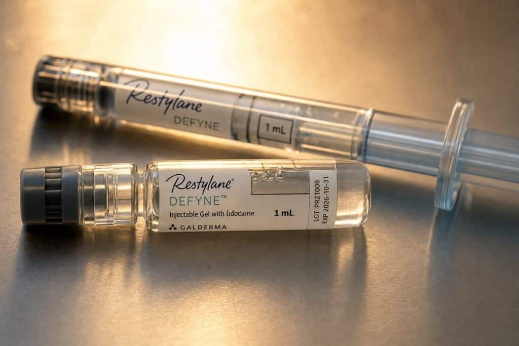 Hyaluronic acid lip filler ampoule and syringe close-up on brushed steel surface at Miami Lakes Med Spa