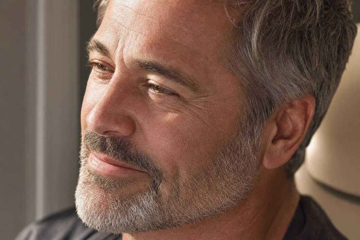 Close-up of a man's smooth cheek and softened nasolabial fold after smile lines treatment at Miami Lakes Med Spa