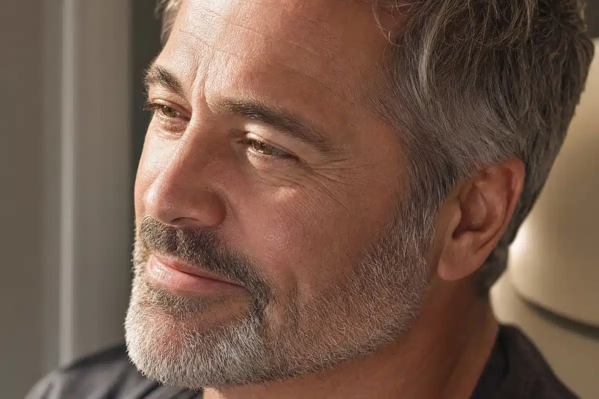 Close-up of a man's smooth cheek and softened nasolabial fold after smile lines treatment at Miami Lakes Med Spa