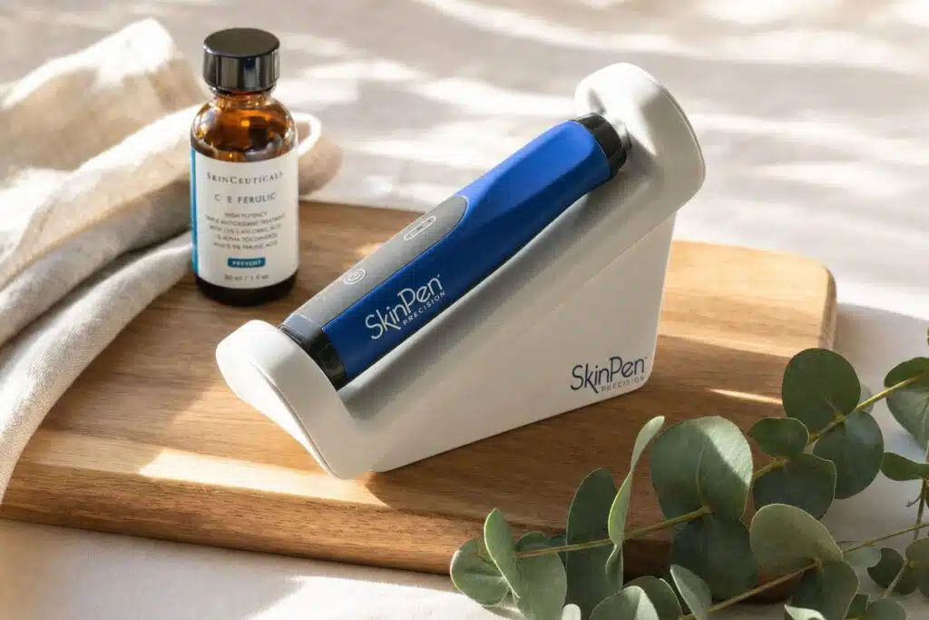SkinPen Precision microneedling device styled on a light wood surface with serum and linen in warm morning light at Miami Lakes Med Spa