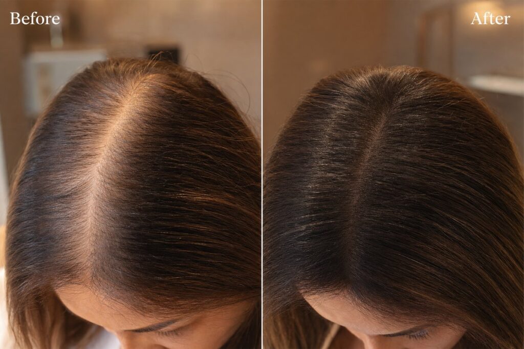 Before and after split-screen showing scalp hair density improvement after PRP hair restoration at Miami Lakes Med Spa