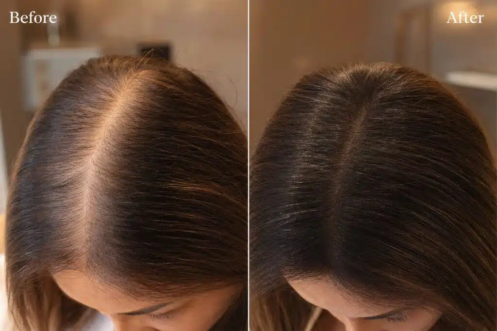 Before and after split-screen showing scalp hair density improvement after PRP hair restoration at Miami Lakes Med Spa