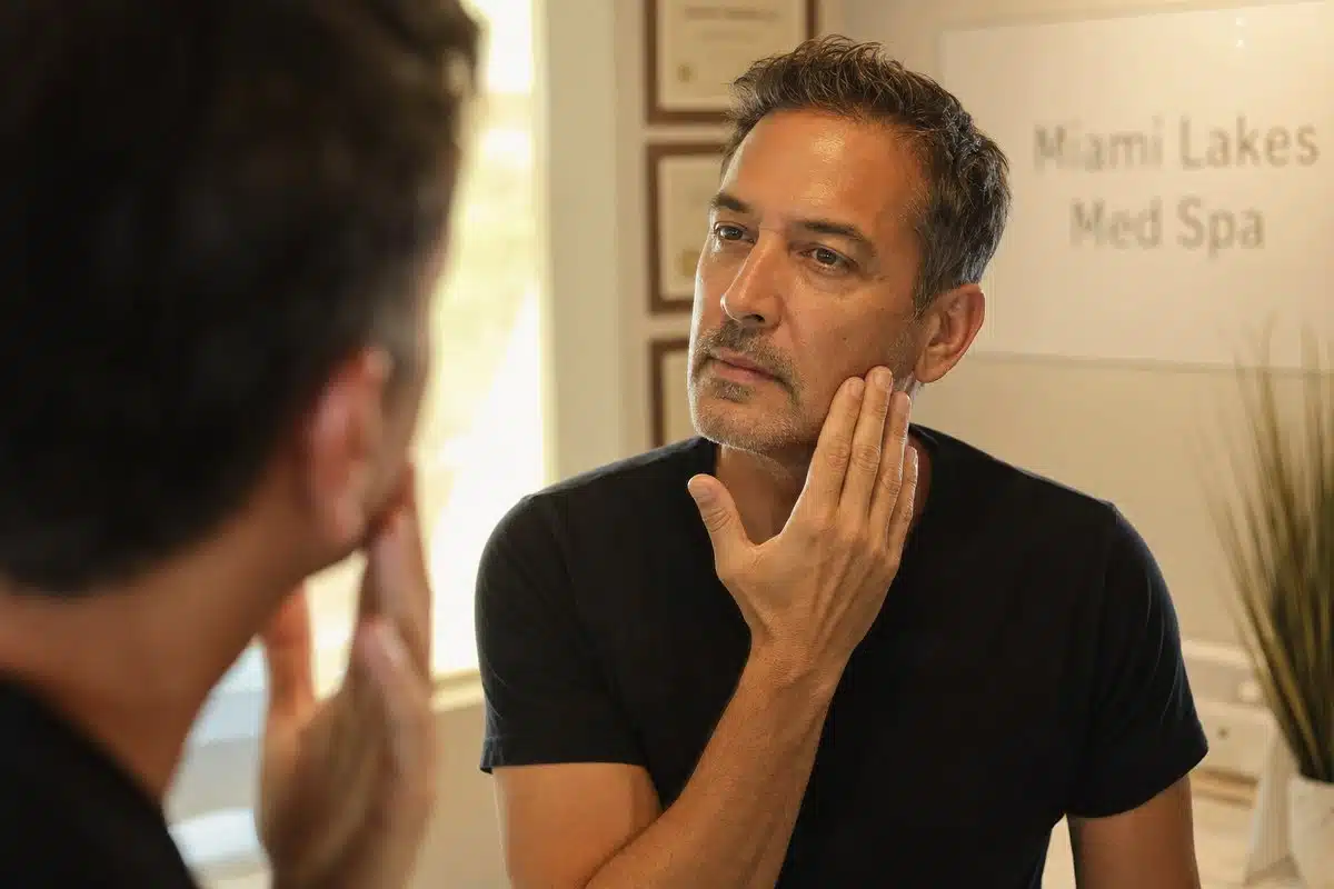 Man in his late 40s touching his smooth, refined cheek and jawline skin in a mirror after microneedling aftercare