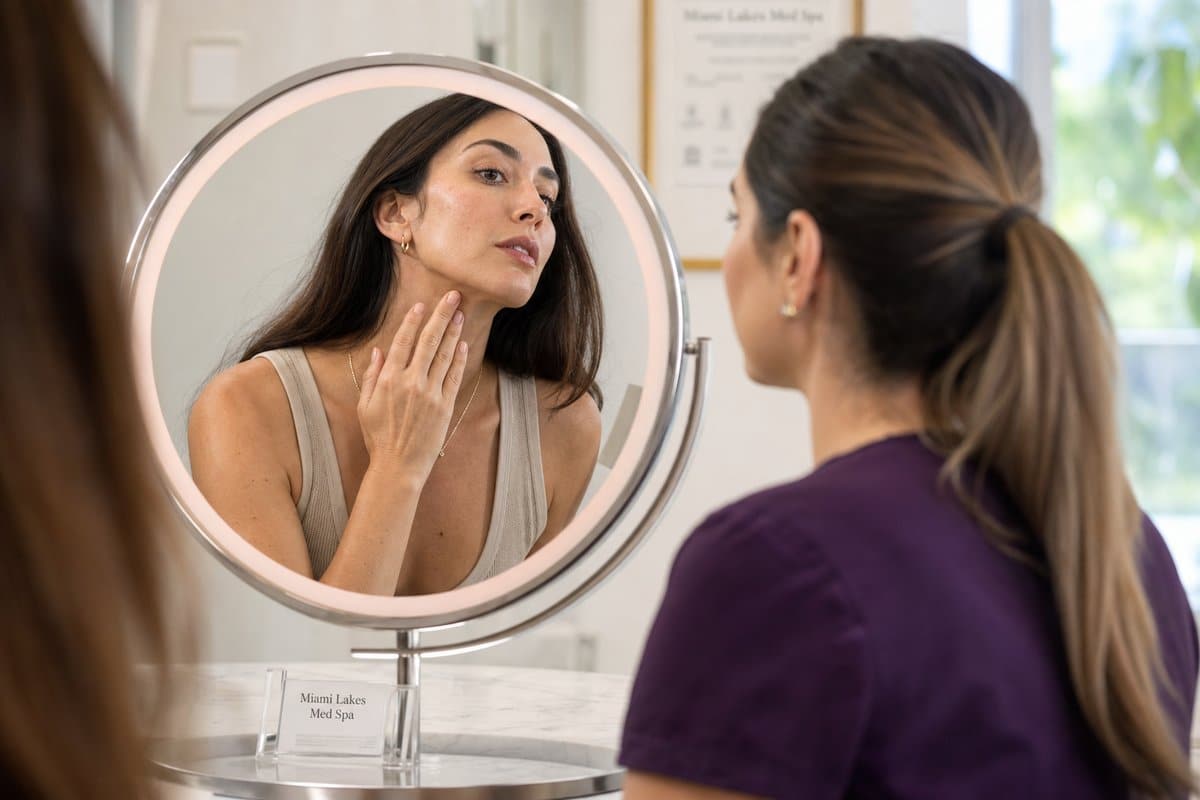 Close-up of woman's contoured jawline and slimmer face after semaglutide weight management program