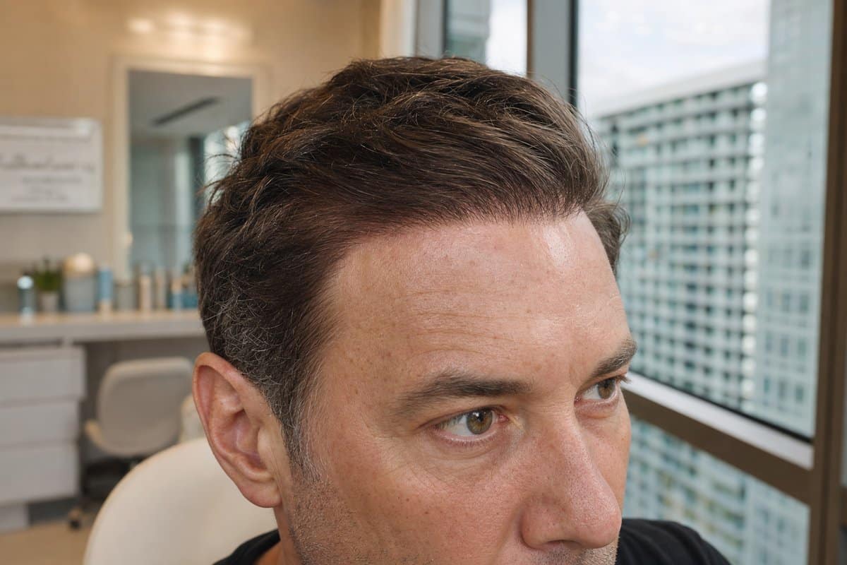 Close-up of a man in his late 40s showing thick, restored hair along the hairline and crown after exosome therapy