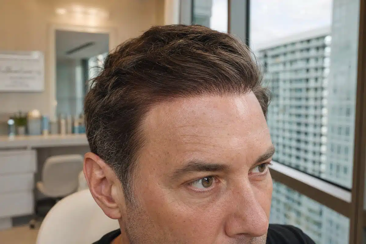 Close-up of a man in his late 40s showing thick, restored hair along the hairline and crown after exosome therapy