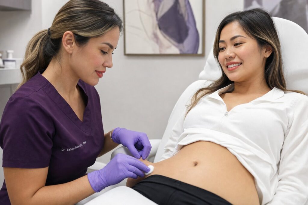 Aesthetic injector at Miami Lakes Med Spa administering a semaglutide GLP-1 injection into a patient's abdomen during a weight management visit