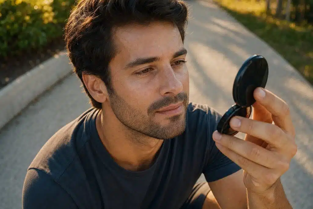 Man in his mid-30s on a sunlit park path checking his clear skin in a compact mirror after a VI Peel at Miami Lakes Med Spa
