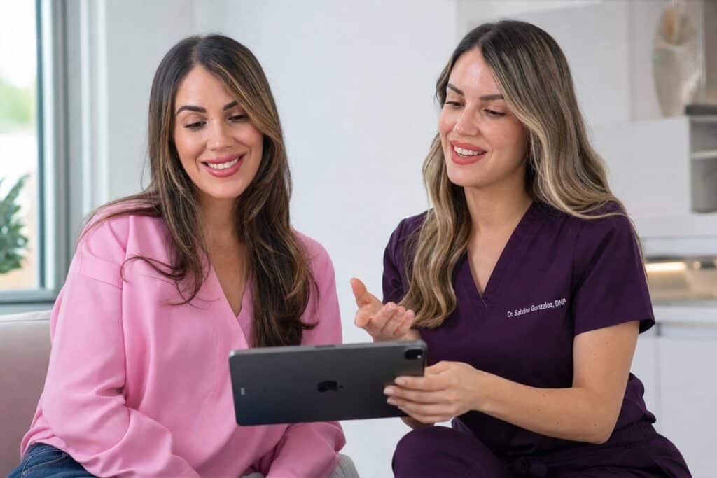 Aesthetic injector in plum scrubs reviewing a liquid facelift plan on a tablet with a patient at Miami Lakes Med Spa