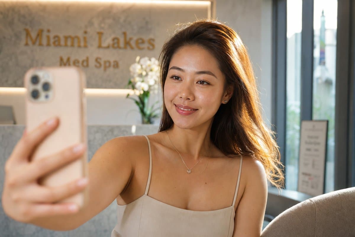 Young woman taking a selfie showing her smooth forehead and lifted cheeks after a Botox and filler liquid facelift