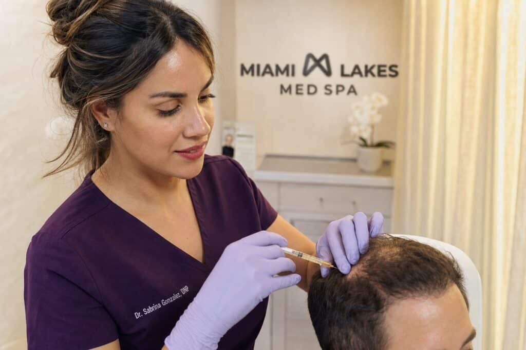 Female clinician in plum scrubs administering PRP hair restoration injections to a male patient at Miami Lakes Med Spa