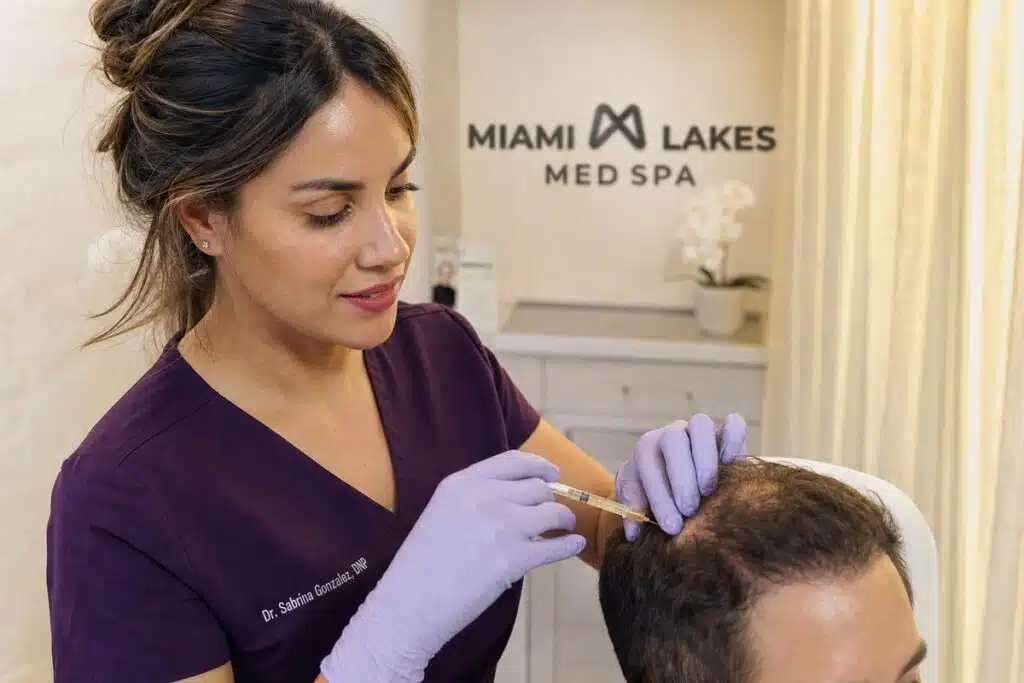 Female clinician in plum scrubs administering PRP hair restoration injections to a male patient at Miami Lakes Med Spa