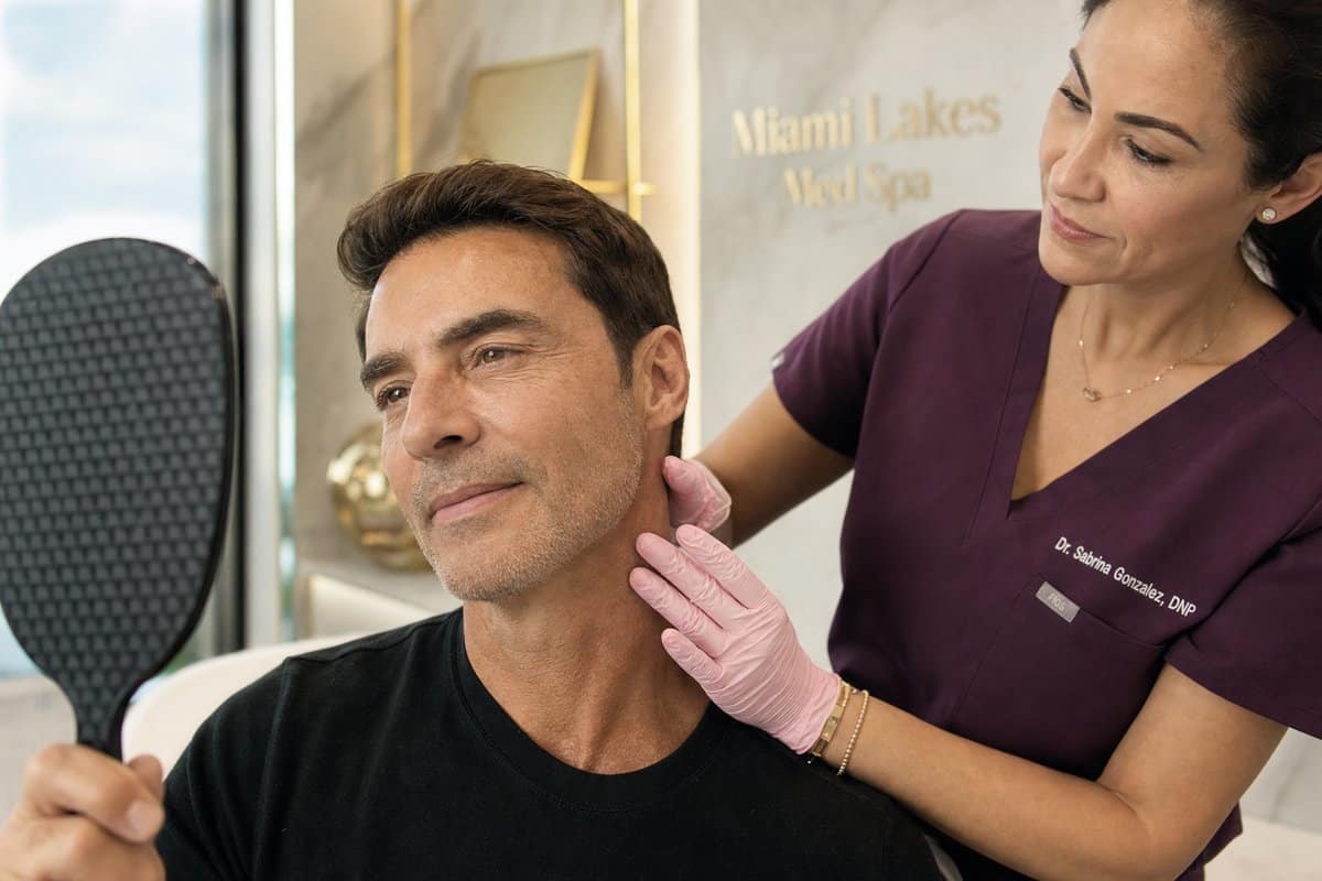 Close-up of a man in his late 40s showing tightened jawline and smooth skin results after Morpheus8 RF Microneedling