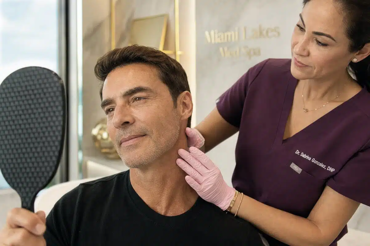 Close-up of a man in his late 40s showing tightened jawline and smooth skin results after Morpheus8 RF Microneedling