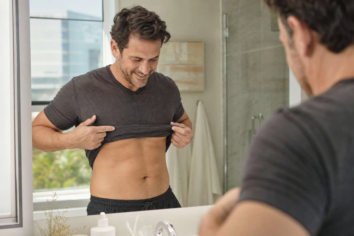 Man in his 40s admiring his slimmer midsection in a mirror after GLP-1 weight loss treatment