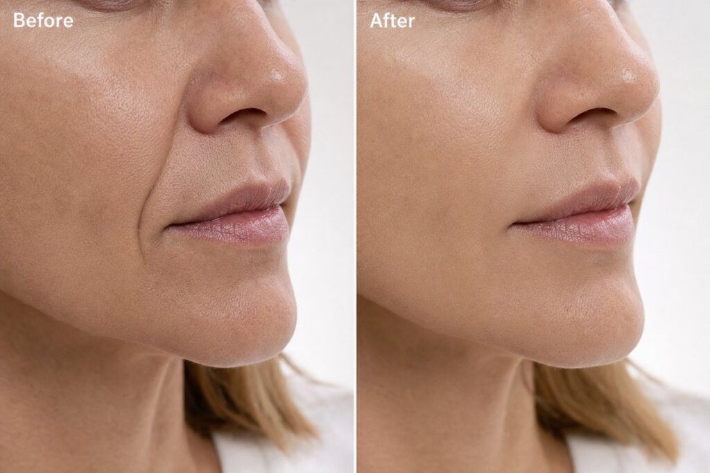 Before and after split showing nasolabial folds filler results softening smile lines on a woman's face