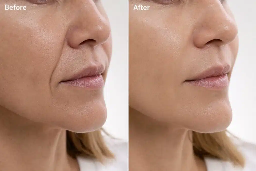 Before and after split showing nasolabial folds filler results softening smile lines on a woman's face