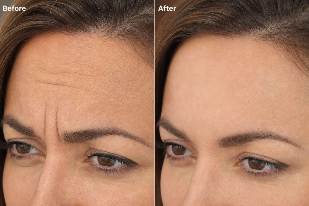 Before and after split-screen showing forehead wrinkles before Botox and smooth skin after Botox at Miami Lakes Med Spa