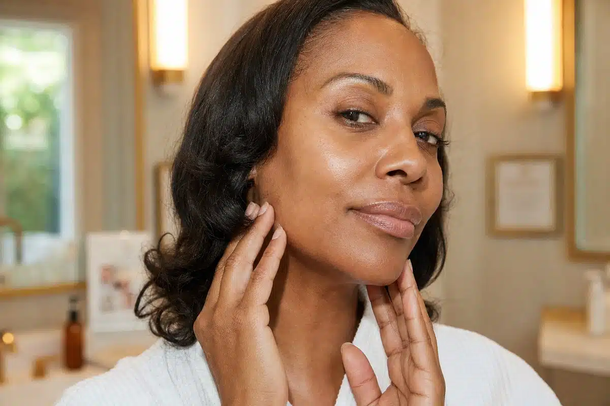 Woman with dark skin admiring her smooth, even-toned cheeks and jawline after a chemical peel at Miami Lakes Med Spa