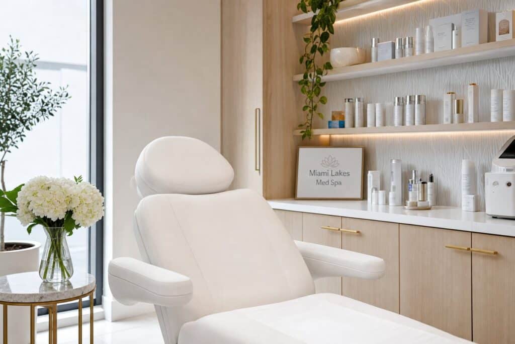 Modern chemical peel treatment suite at Miami Lakes Med Spa with light wood accents and clinical white finishes