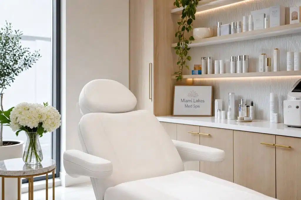 Modern chemical peel treatment suite at Miami Lakes Med Spa with light wood accents and clinical white finishes