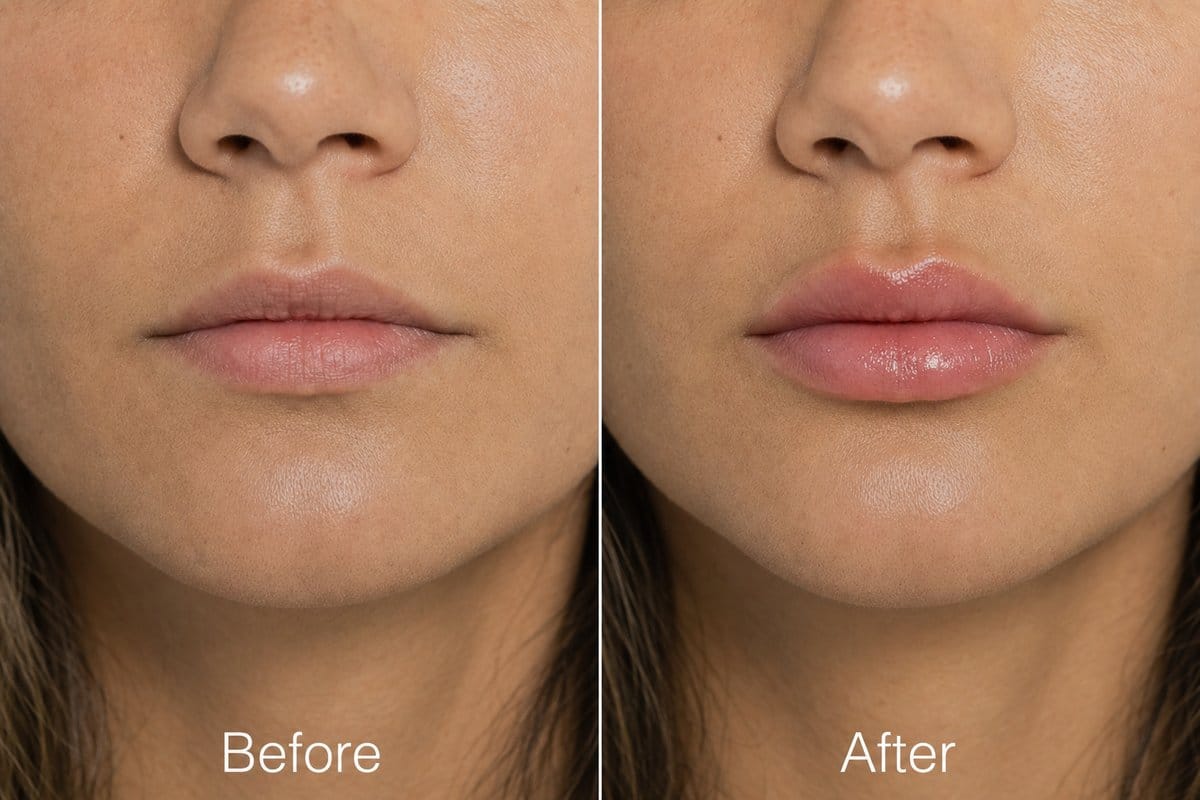 Before and after split-screen showing lip filler results at Miami Lakes Med Spa