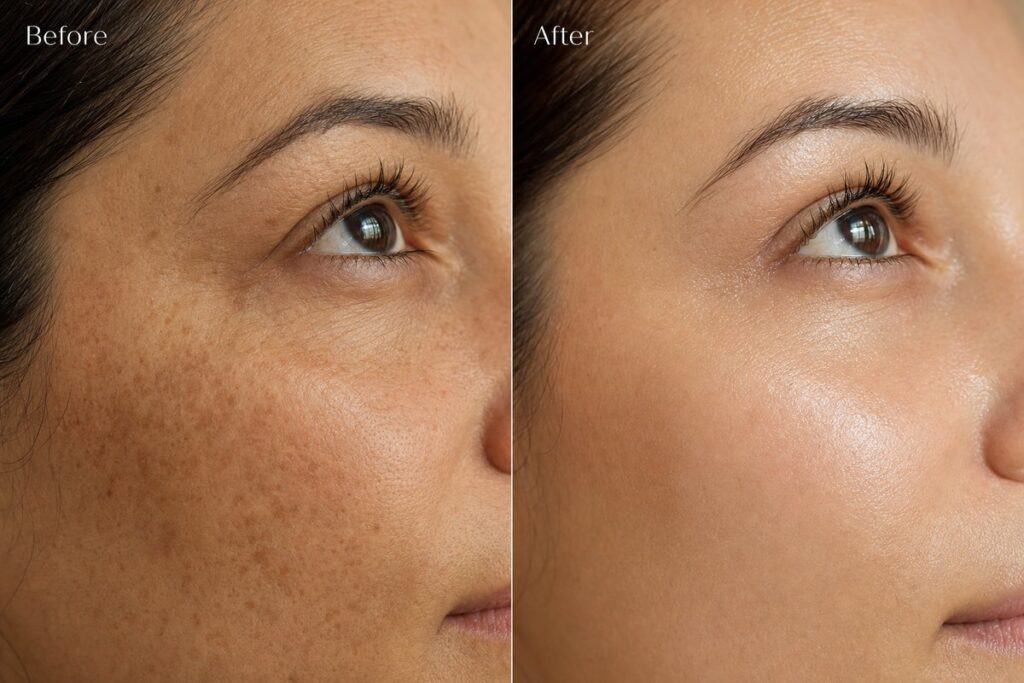 Before and after split image showing fall self care results on sun-damaged skin at Miami Lakes Med Spa
