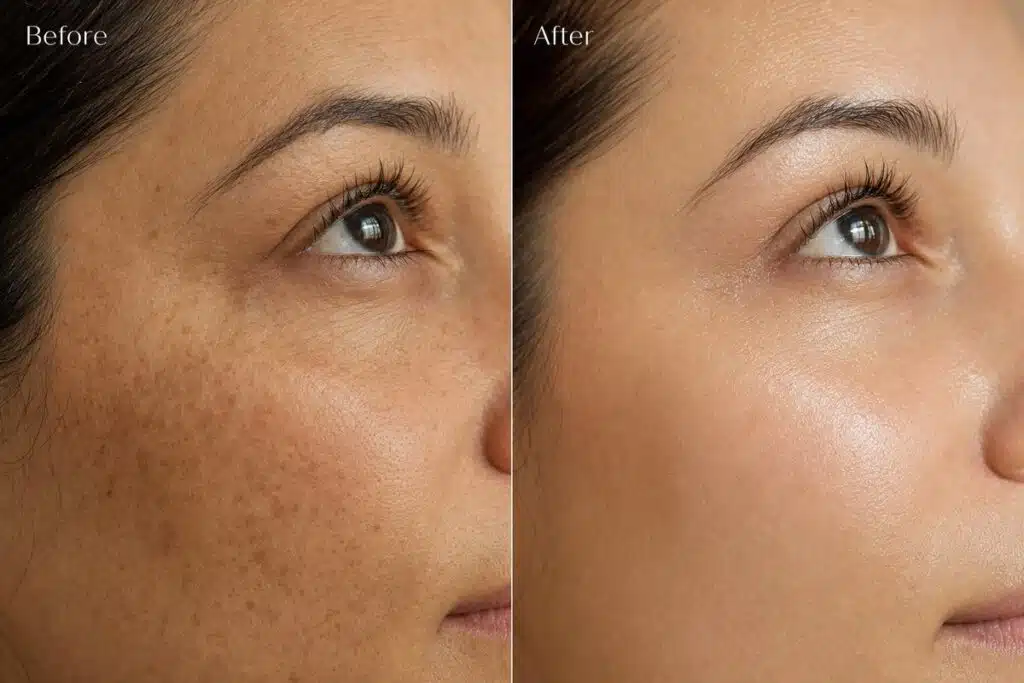 Before and after split image showing fall self care results on sun-damaged skin at Miami Lakes Med Spa