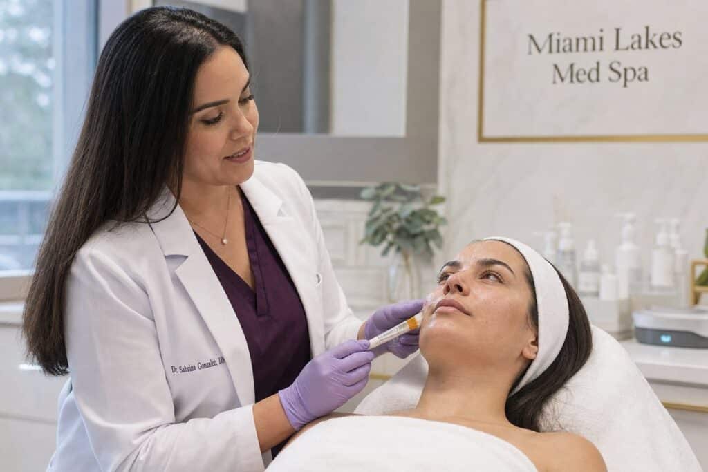 Provider applying VI Peel chemical peel solution to patient's face at Miami Lakes Med Spa