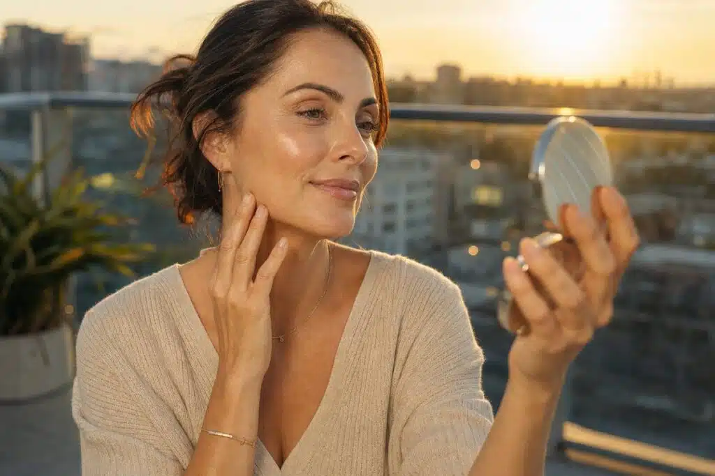 Woman in her late 30s reviewing her smooth facial treatment results in a compact mirror on a rooftop at sunset