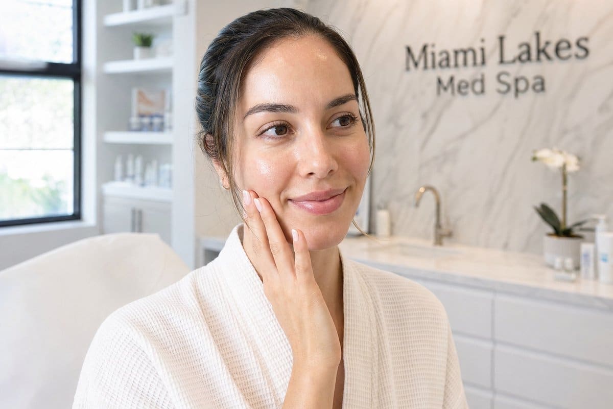 Close-up of a woman's smooth glowing cheeks and forehead skin after a chemical peel at Miami Lakes Med Spa