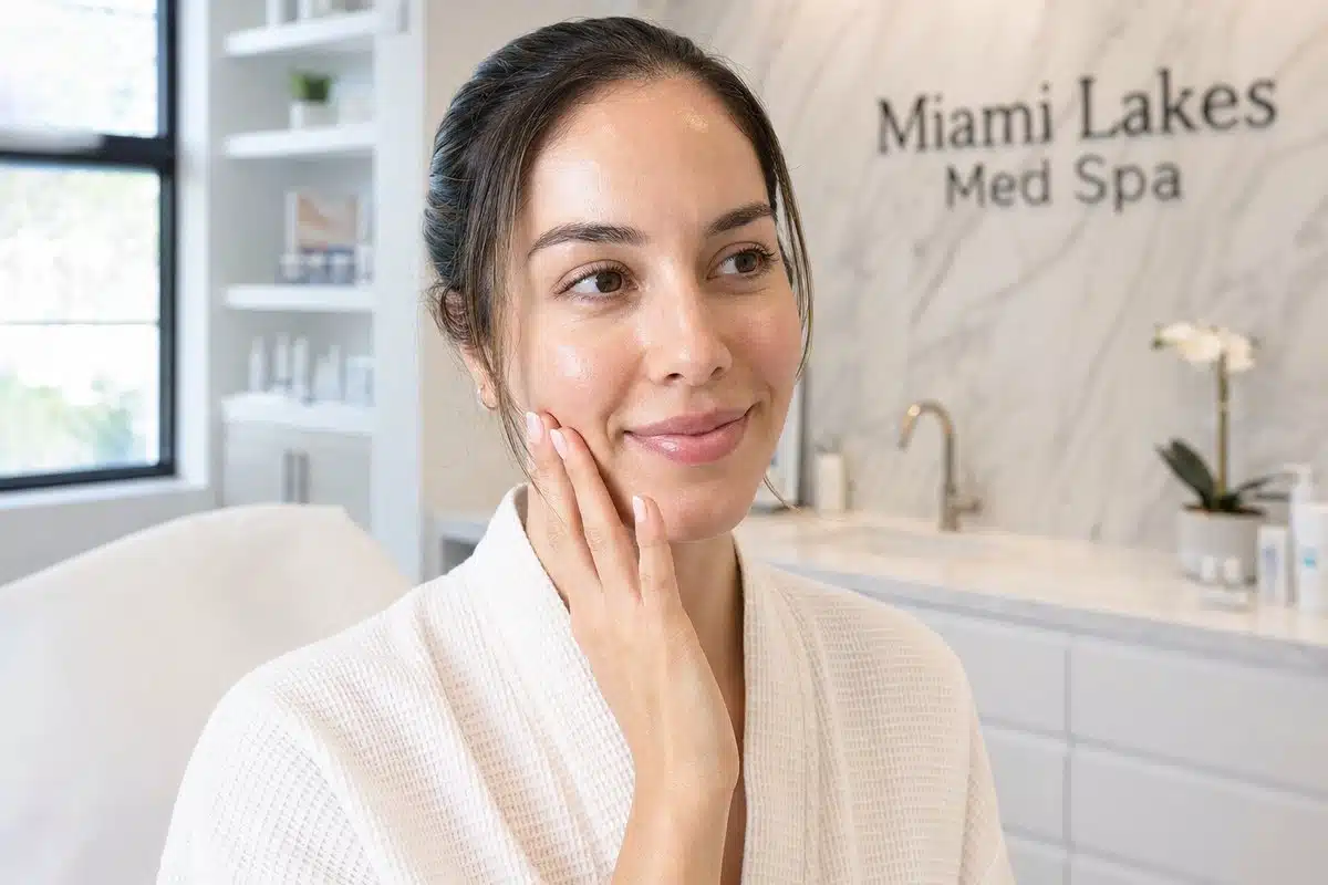 Close-up of a woman's smooth glowing cheeks and forehead skin after a chemical peel at Miami Lakes Med Spa