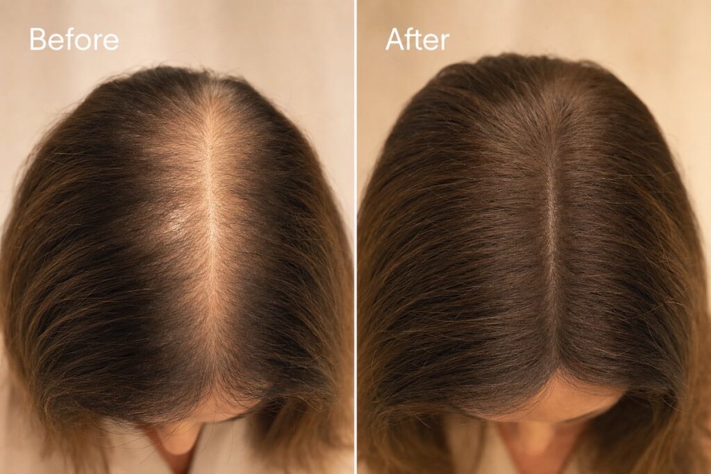 Before and after split image showing hair restoration results on the scalp crown at Miami Lakes Med Spa