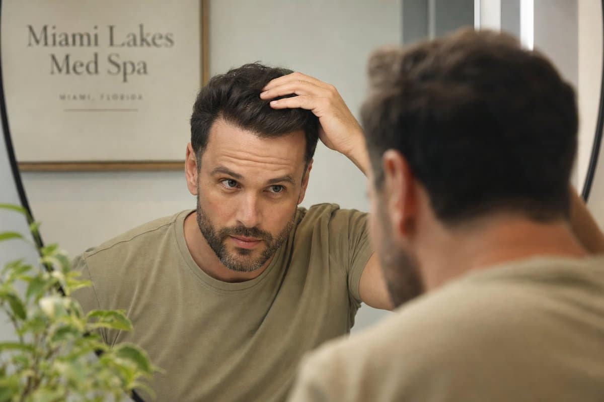 Man in his mid-30s examining his restored, thick hair in a vanity mirror after PRP hair therapy