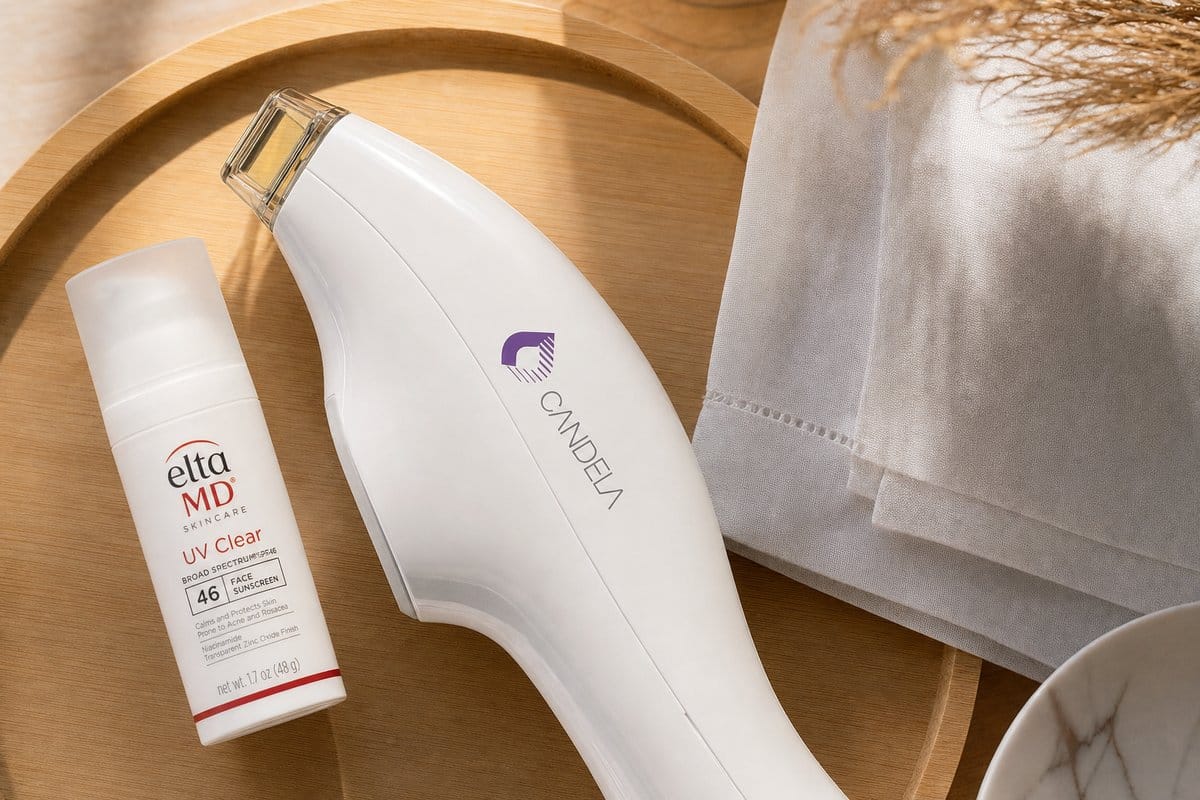 Laser hair removal handpiece and sunscreen on light wood surface at Miami Lakes Med Spa