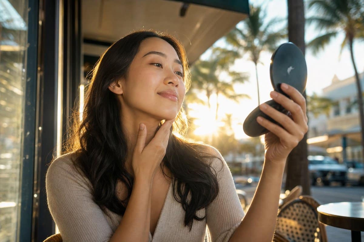 Woman checking smooth hair-free jawline in compact mirror after laser hair removal for PCOS at Miami Lakes Med Spa