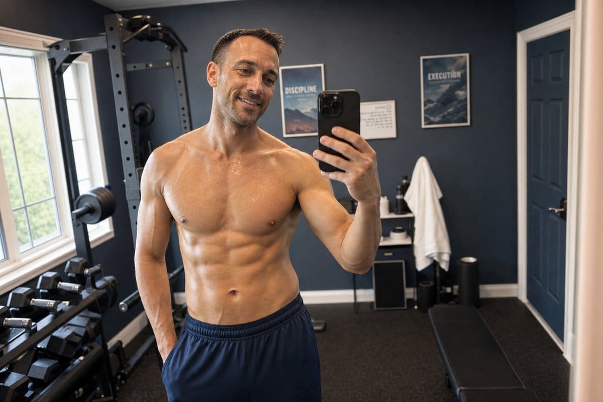 Man in his mid-30s taking a mirror selfie showing lean, contoured midsection after semaglutide therapy and strength training