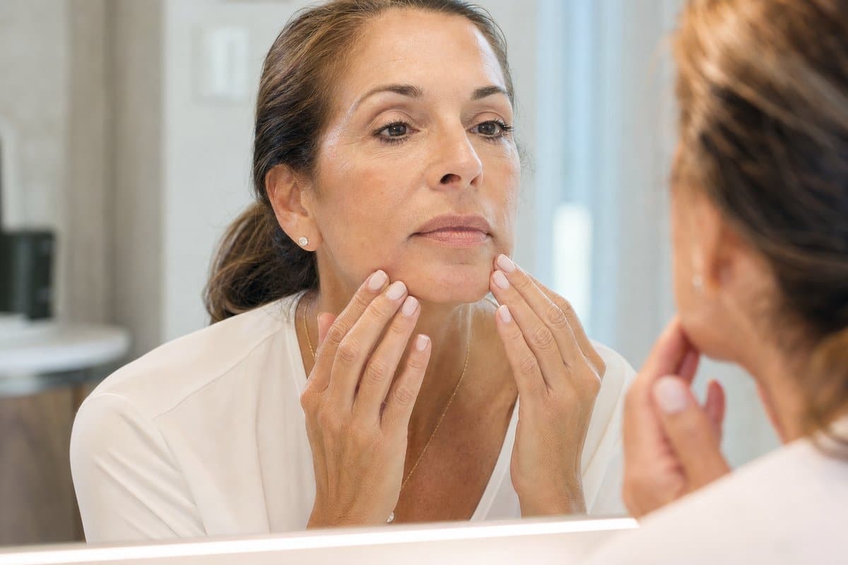 Close-up of woman's smooth upper lip and chin showing hormonal hair removal results in vanity mirror